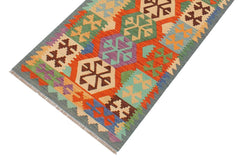 Flat Weave Kilim Antique Navaho Vintage handmade Geometric Kilim Rust Blue Hand-Woven Runner 100% Wool Area Rug 3x10 