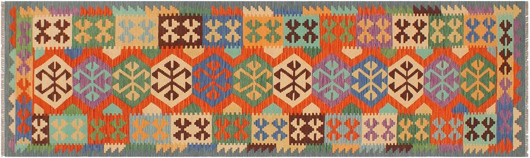 Flat Weave Kilim Antique Navaho Vintage handmade Geometric Kilim Rust Blue Hand-Woven Runner 100% Wool Area Rug 3x10 