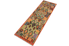 Flat Weave Kilim Antique Navaho Vintage handmade Geometric Kilim Blue Rust Hand-Woven Runner 100% Wool Area Rug 3x9 