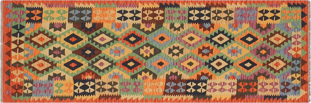 Flat Weave Kilim Antique Navaho Vintage handmade Geometric Kilim Blue Rust Hand-Woven Runner 100% Wool Area Rug 3x9 