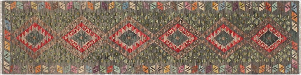 Flat Weave Kilim Antique Navaho Vintage handmade Geometric Kilim Gray Red Hand-Woven Runner 100% Wool Area Rug 3x10 