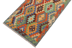 Flat Weave Kilim Antique Navaho Vintage handmade Geometric Kilim Blue Rust Hand-Woven Runner 100% Wool Area Rug 3x13 