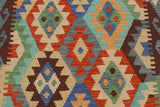 Flat Weave Kilim Antique Navaho Vintage handmade Geometric Kilim Blue Rust Hand-Woven Runner 100% Wool Area Rug 3x13 