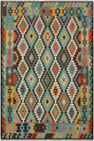 Flat Weave Kilim Antique Navaho Vintage handmade Geometric Kilim Blue Brown Hand-Woven Rectangle 100% Wool Area Rug 6x8 