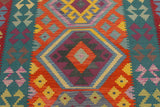 Flat Weave Kilim Antique Navaho Vintage handmade Geometric Kilim Blue Red Hand-Woven Rectangle 100% Wool Area Rug 6x8 