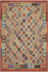 Flat Weave Kilim Antique Navaho Vintage handmade Geometric Kilim Beige Rust Hand-Woven Rectangle 100% Wool Area Rug 6x8 