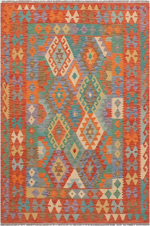 Flat Weave Kilim Antique Navaho Vintage handmade Geometric Kilim Blue Rust Hand-Woven Rectangle 100% Wool Area Rug 5x7 