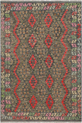 Flat Weave Kilim Antique Navaho Vintage handmade Geometric Kilim Green Red Hand-Woven Rectangle 100% Wool Area Rug 5x7 