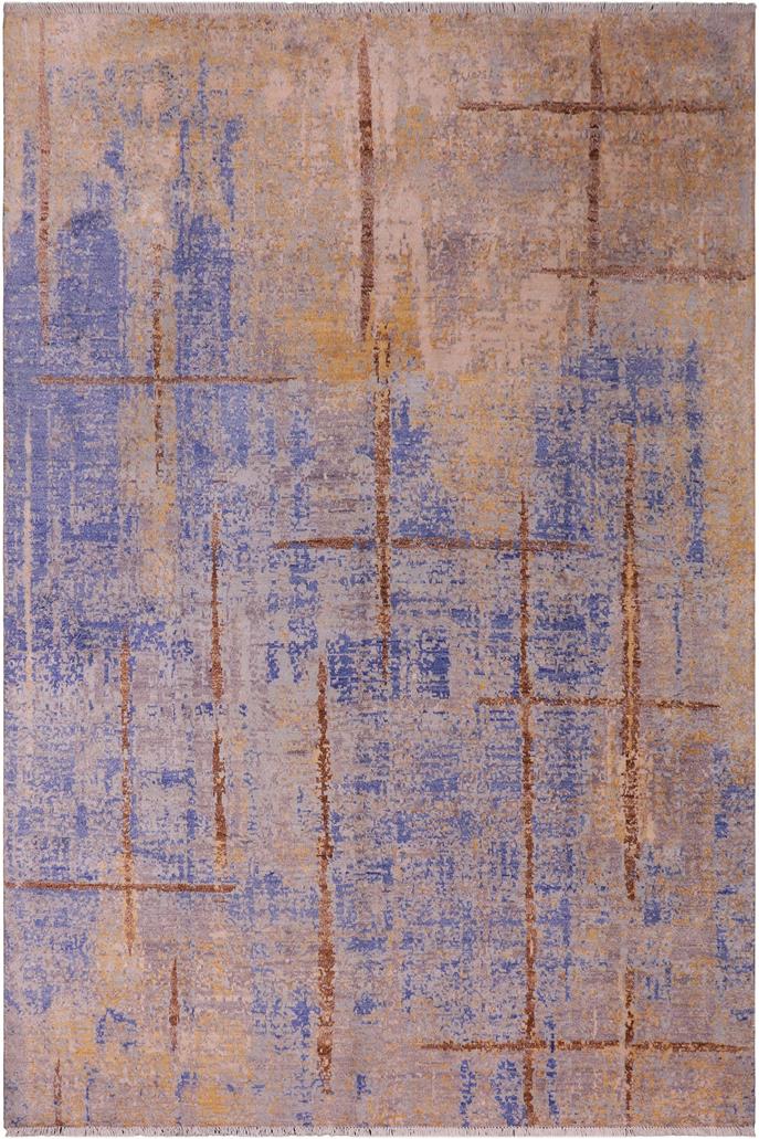 handmade Modern Kafkaz Blue Gold Hand Knotted RECTANGLE BAMBOO SILK area rug 8 x 10