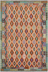 Flat Weave Kilim Antique Navaho Vintage handmade Geometric Kilim Beige Green Hand-Woven Rectangle 100% Wool Area Rug 9x11 