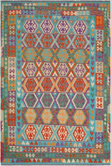 Flat Weave Kilim Antique Navaho Vintage handmade Geometric Kilim Blue Rust Hand-Woven Rectangle 100% Wool Area Rug 7x10 