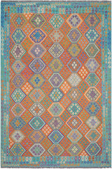 Flat Weave Kilim Antique Navaho Vintage handmade Geometric Kilim Rust Blue Hand-Woven Rectangle 100% Wool Area Rug 9x11 