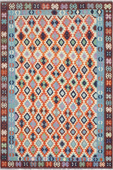 Flat Weave Kilim Antique Navaho Vintage handmade Geometric Kilim Beige Blue Hand-Woven Rectangle 100% Wool Area Rug 7x10 