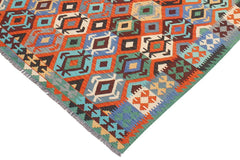 Flat Weave Kilim Antique Navaho Vintage handmade Geometric Kilim Rust Blue Hand-Woven Rectangle 100% Wool Area Rug 7x10 