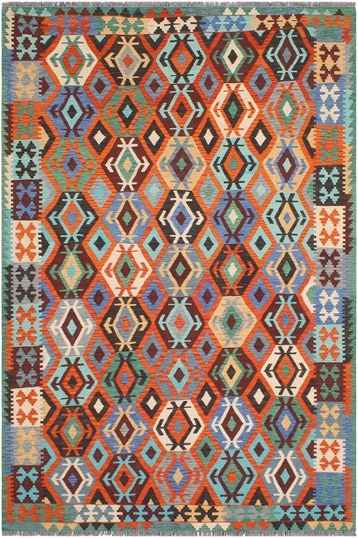 Flat Weave Kilim Antique Navaho Vintage handmade Geometric Kilim Rust Blue Hand-Woven Rectangle 100% Wool Area Rug 7x10 