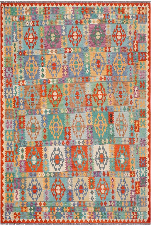 Flat Weave Kilim Antique Navaho Vintage handmade Geometric Kilim Blue Rust Hand-Woven Rectangle 100% Wool Area Rug 8x10 