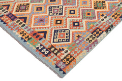 Flat Weave Kilim Antique Navaho Vintage handmade Geometric Kilim Rust Blue Hand-Woven Rectangle 100% Wool Area Rug 8x10 