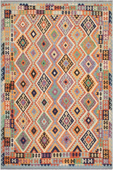 Flat Weave Kilim Antique Navaho Vintage handmade Geometric Kilim Rust Blue Hand-Woven Rectangle 100% Wool Area Rug 8x10 