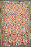 Flat Weave Kilim Antique Navaho Vintage handmade Geometric Kilim Beige Green Hand-Woven Rectangle 100% Wool Area Rug 8x11 