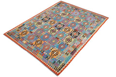 Flat Weave Kilim Antique Navaho Vintage handmade Geometric Kilim Blue Rust Hand-Woven Rectangle 100% Wool Area Rug 8x11 