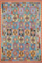 Flat Weave Kilim Antique Navaho Vintage handmade Geometric Kilim Blue Rust Hand-Woven Rectangle 100% Wool Area Rug 8x11 