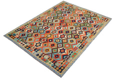 Flat Weave Kilim Antique Navaho Vintage handmade Geometric Kilim Rust Blue Hand-Woven Rectangle 100% Wool Area Rug 8x10 