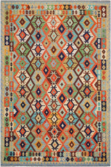 Flat Weave Kilim Antique Navaho Vintage handmade Geometric Kilim Rust Blue Hand-Woven Rectangle 100% Wool Area Rug 8x10 