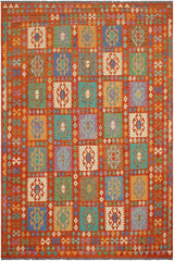 Flat Weave Kilim Antique Navaho Vintage handmade Geometric Kilim Rust Blue Hand-Woven Rectangle 100% Wool Area Rug 8x10 