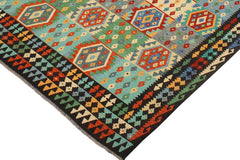 Flat Weave Kilim Antique Navaho Vintage handmade Geometric Kilim Blue Brown Hand-Woven Rectangle 100% Wool Area Rug 8x10 