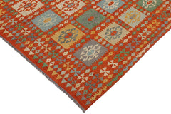 Flat Weave Kilim Antique Navaho Vintage handmade Geometric Kilim Rust Blue Hand-Woven Rectangle 100% Wool Area Rug 8x10 