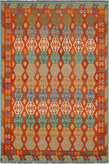 Flat Weave Kilim Antique Navaho Vintage handmade Geometric Kilim Rust Blue Hand-Woven Rectangle 100% Wool Area Rug 9x10 