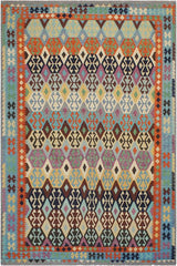 Flat Weave Kilim Antique Navaho Vintage handmade Geometric Kilim Rust Blue Hand-Woven Rectangle 100% Wool Area Rug 8x11 