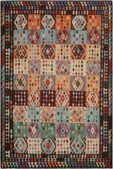 Flat Weave Kilim Antique Navaho Vintage handmade Geometric Kilim Blue Brown Hand-Woven Rectangle 100% Wool Area Rug 9x11 