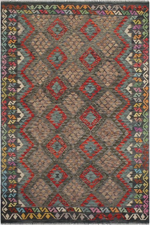 Flat Weave Kilim Antique Navaho Vintage handmade Geometric Kilim Charcoal Green Hand-Woven Rectangle 100% Wool Area Rug 7x10 