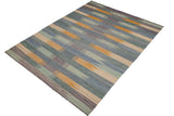 Flat Weave Kilim Antique Navaho Vintage handmade Modern Kilim Blue Beige Hand-Woven Rectangle 100% Wool Area Rug 9x12 