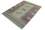 Flat Weave Kilim Antique Navaho Vintage handmade Modern Kilim Blue Gold Hand-Woven Rectangle 100% Wool Area Rug 7x10 