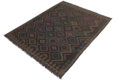 Flat Weave Kilim Antique Navaho Vintage handmade Geometric Kilim Black Brown Hand-Woven Rectangle 100% Wool Area Rug 5x6 