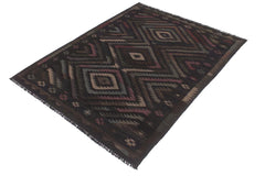 Flat Weave Kilim Antique Navaho Vintage handmade Geometric Kilim Black Blue Hand-Woven Rectangle 100% Wool Area Rug 6x8 