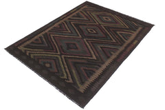 Flat Weave Kilim Antique Navaho Vintage handmade Geometric Kilim Black Green Hand-Woven Rectangle 100% Wool Area Rug 5x8 