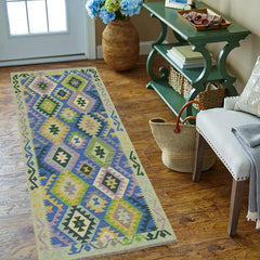 Flat Weave Kilim Antique Navaho Vintage handmade Geometric Kilim Blue Gold Hand-Woven Runner 100% Wool Area Rug 3x6 