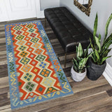 Flat Weave Kilim Antique Navaho Vintage handmade Geometric Kilim Rust Blue Hand-Woven Runner 100% Wool Area Rug 3x6 