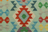 Flat Weave Kilim Antique Navaho Vintage handmade Geometric Kilim Blue Beige Hand-Woven Runner 100% Wool Area Rug 3x7 