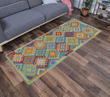 Flat Weave Kilim Antique Navaho Vintage handmade Geometric Kilim Blue Orange Hand-Woven Runner 100% Wool Area Rug 3x7 