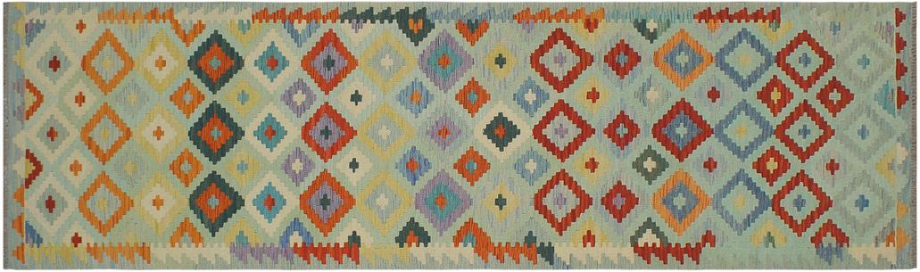 Flat Weave Kilim Antique Navaho Vintage handmade Geometric Kilim Blue Rust Hand-Woven Runner 100% Wool Area Rug 3x10 