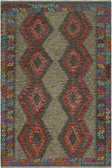 Flat Weave Kilim Antique Navaho Vintage handmade Geometric Kilim Red Charcoal Hand-Woven Rectangle 100% Wool Area Rug 6x8 