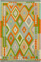 Flat Weave Kilim Antique Navaho Vintage handmade Geometric Kilim Blue Orange Hand-Woven Rectangle 100% Wool Area Rug 4x6 