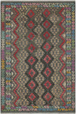 Flat Weave Kilim Antique Navaho Vintage handmade Geometric Kilim Charcoal Red Hand-Woven Rectangle 100% Wool Area Rug 6x8 