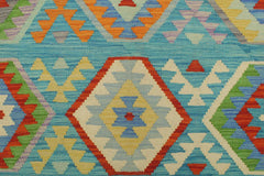 Flat Weave Kilim Antique Navaho Vintage handmade Geometric Kilim Blue Beige Hand-Woven Rectangle 100% Wool Area Rug 8x9 