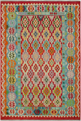 Flat Weave Kilim Antique Navaho Vintage handmade Geometric Kilim Red Blue Hand-Woven Rectangle 100% Wool Area Rug 8x10 