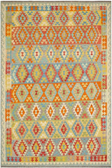 Flat Weave Kilim Antique Navaho Vintage handmade Geometric Kilim Blue Rust Hand-Woven Rectangle 100% Wool Area Rug 8x10 